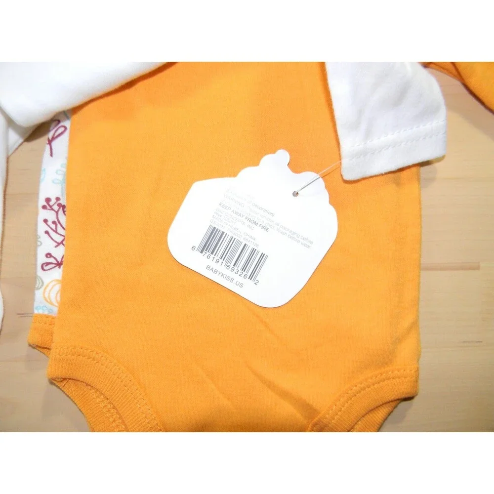 Baby Kiss 3 Bodysuits Fall Thanksgiving Autumn Pumpkin Orange 0-3M NWT